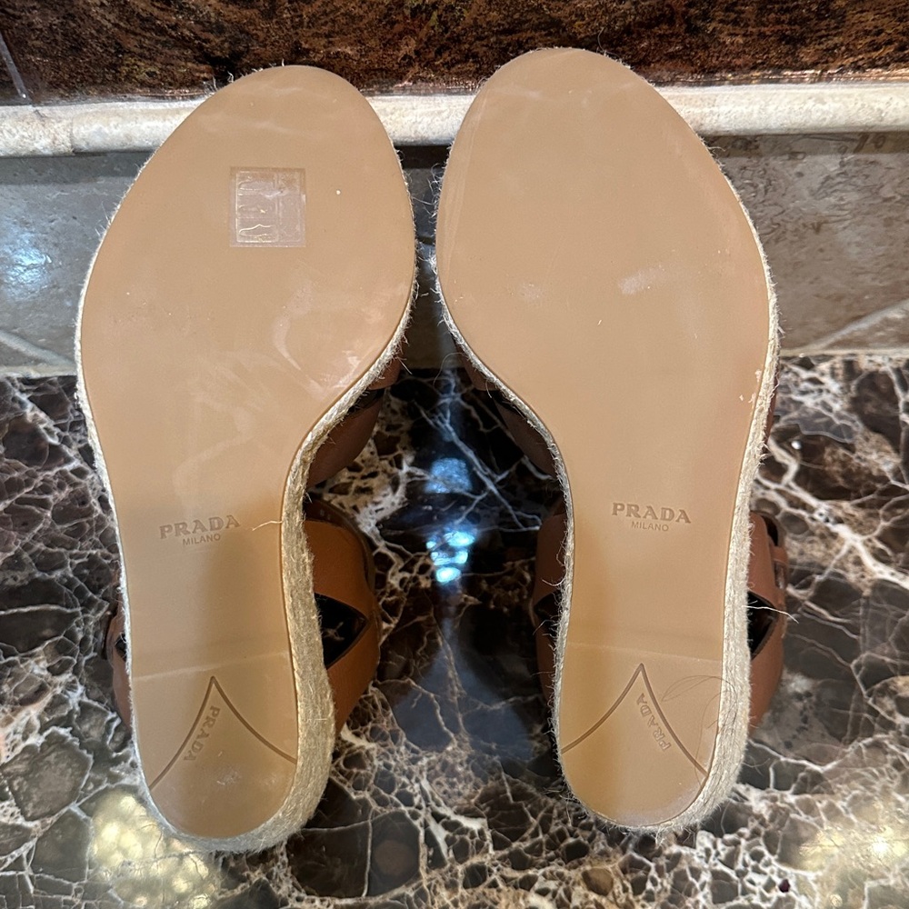 Prada Brown Leather Crisscross Espadrille Wedges with Ankle Strap. Size 8 - Picture 5 of 6